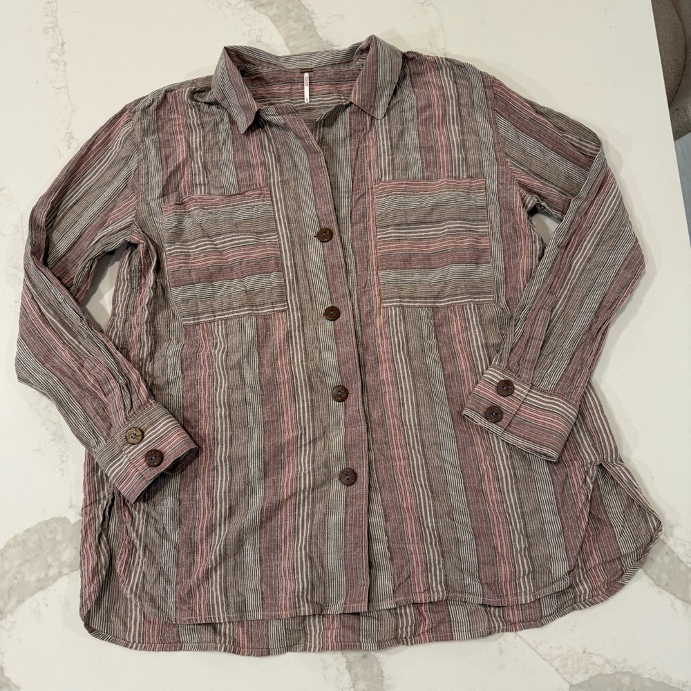 Free People High Tide Pink Sands Striped Button Down Shirt Womens Large Bohemian - Picture 4 of 10